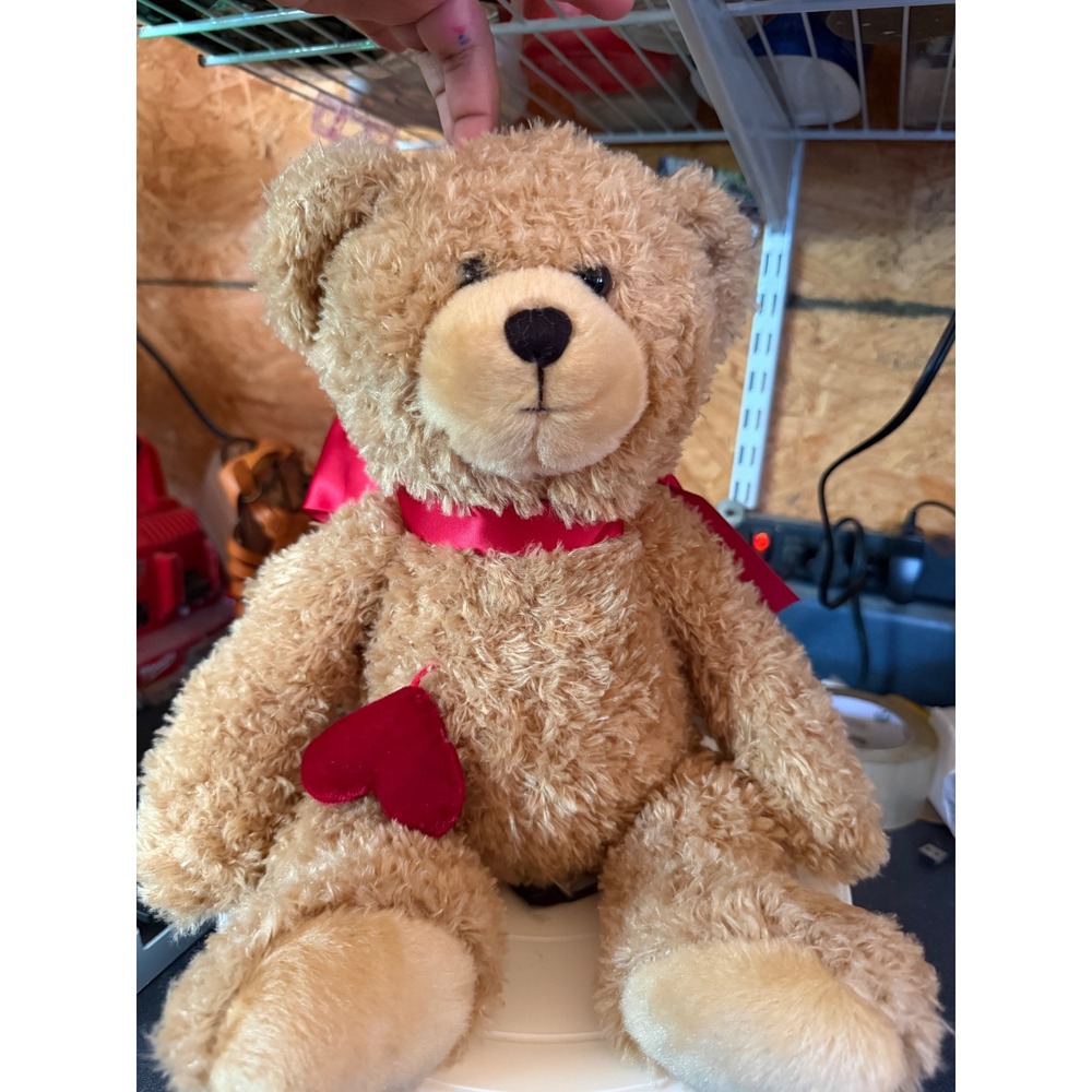 Bearington Collection Tan Plush Teddy Bear Red Satin Bow Heart 101199 Valentine